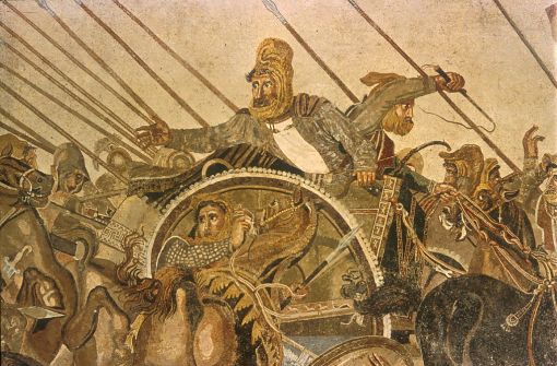 Pompei'de bulunan, Büyük İskender'in Pers hükümdarı III. Darius ile yaptığı İsos Savaşı'nı temsil eden mozaikten bir kesit